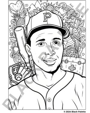 Roberto Clemente illustrated coloring page with baseball motifs and Puerto Rican cultural symbols, available at Black Palette Books