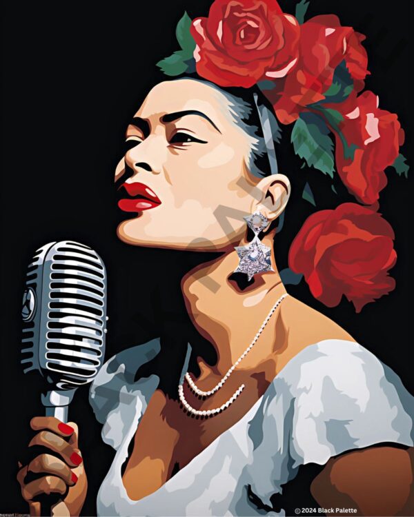 Billie Holiday serenades with soul, her voice as striking as the bold roses adorning her hair