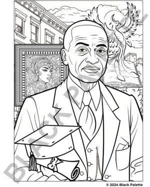 Alain LeRoy Locke coloring page highlighting his role in the Harlem Renaissance, surrounded by symbolic elements of rebirth and education