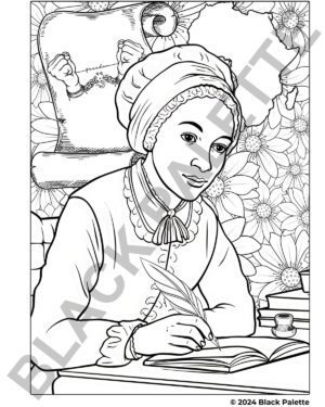 Coloring page of Phillis Wheatley writing poetry, with symbolic elements representing her journey from slavery to literary fame.