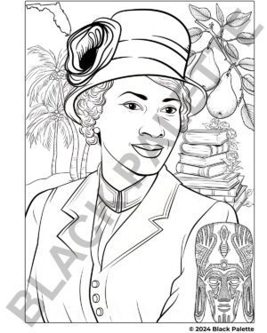 Coloring page of Zora Neale Hurston with an African mask and pear tree, highlighting her cultural and literary contributions.