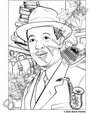 Coloring page of Langston Hughes with a typewriter, books, and a saxophone, highlighting his influence on jazz and poetry.