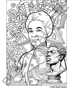 Line art coloring page featuring Augusta Savage with a sculpted bust and artistic tools.