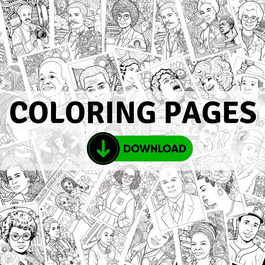 A square banner with a collage of black and white coloring page illustrations featuring diverse historical and cultural figures, with a bold 'COLORING PAGES' title and a green 'DOWNLOAD' button.