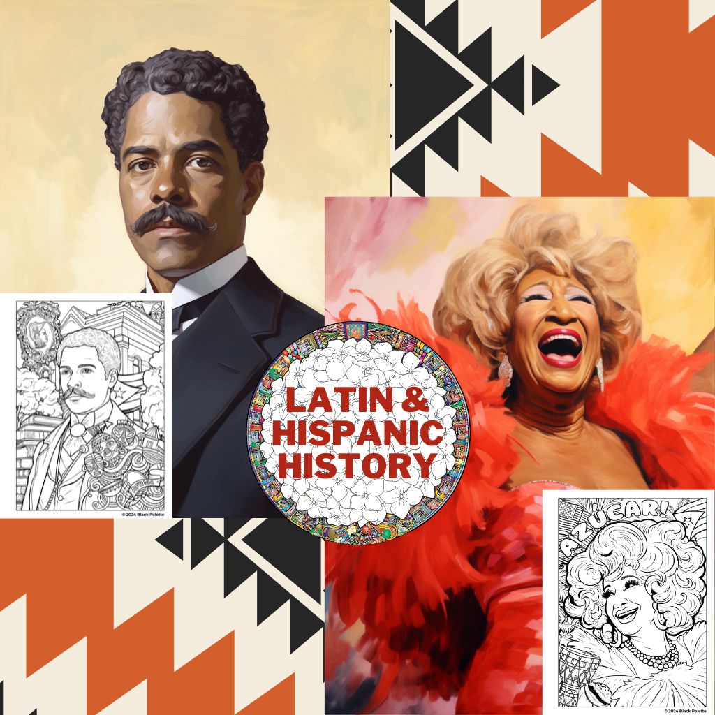 Vibrant square banner featuring iconic figures and coloring pages representing Latin and Hispanic history.