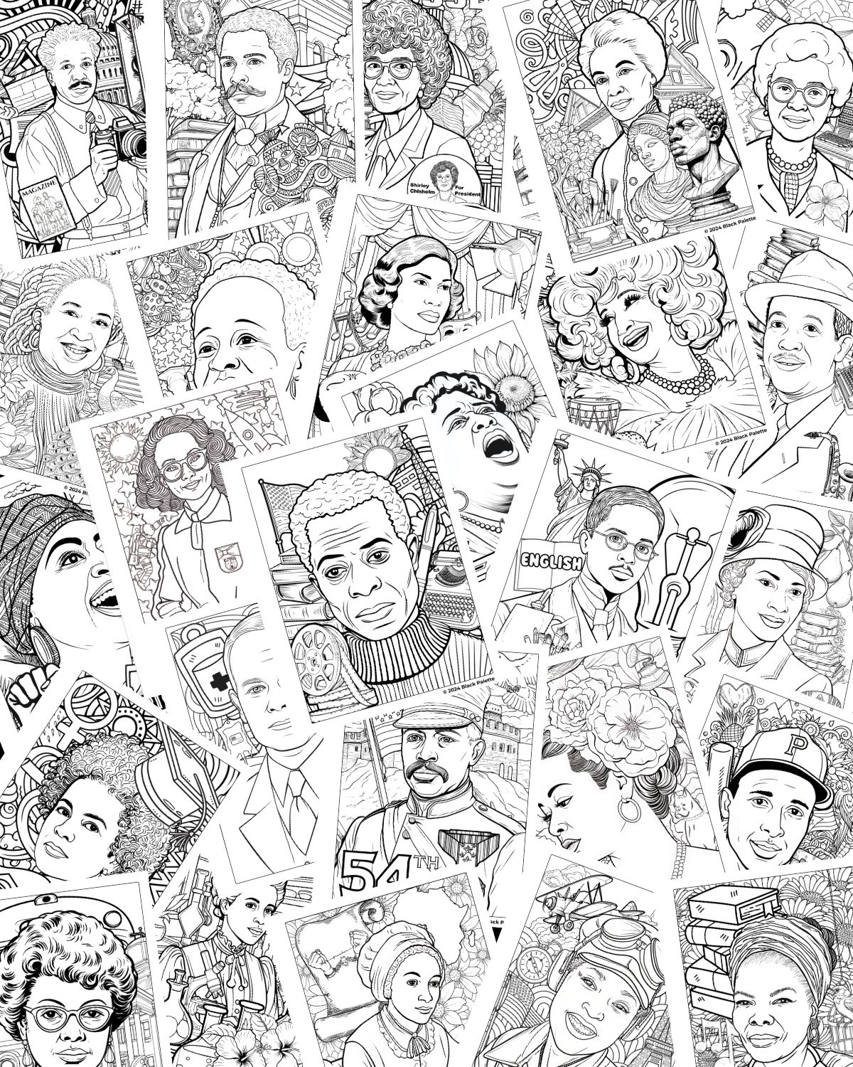 A collage of coloring pages featuring notable figures from Black history and culture. Title: Black Palette Iconic Figures Coloring Pages