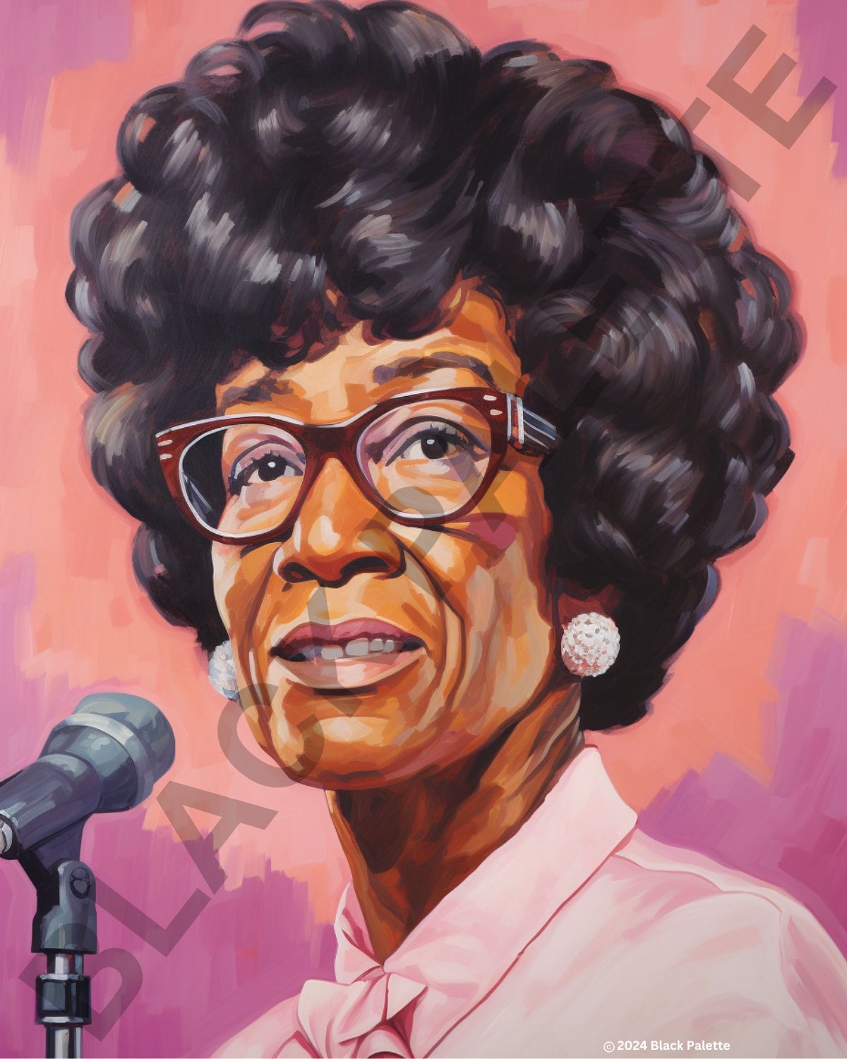 Shirley Chisholm depicted with a microphone, reflecting her powerful oratory skills.