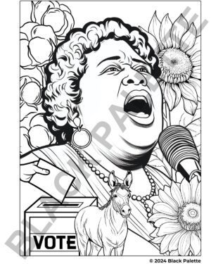 Fannie Lou Hamer coloring page with voting and civil rights symbolism.