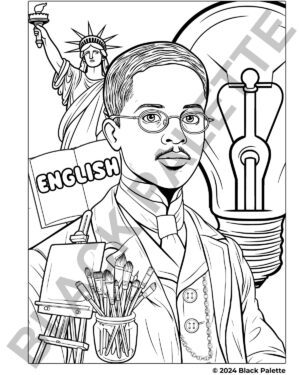 Lewis Latimer coloring page, with symbols of his inventions and his role as an English teacher to immigrants.