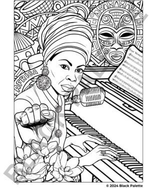 A striking coloring page representation of Nina Simone, complete with cultural symbols and a nod to her activism.