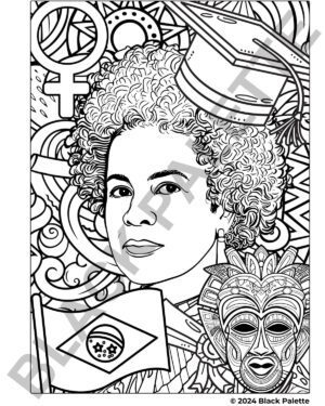 Lélia Gonzalez coloring page, surrounded by symbols of Brazilian culture and her fight for women's rights.