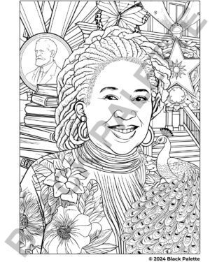 Toni Morrison coloring page, adorned with symbols of her literary achievements and heritage.