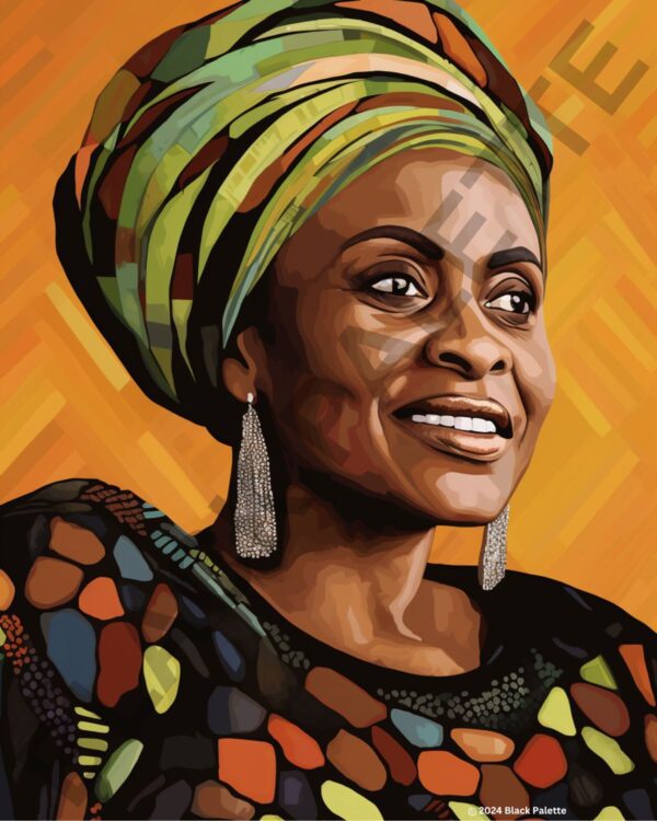 Vibrant digital painting of Miriam Makeba, 'Mama Africa', adorned in a colorful headwrap and African attire.