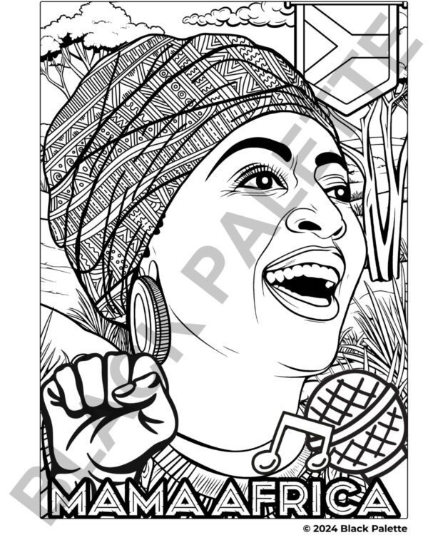 Coloring page of Miriam Makeba with African motifs, a microphone, and a raised fist symbolizing empowerment and heritage.