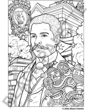 Inspired coloring page of Arturo Alfonso Schomburg surrounded by symbols of African heritage and history