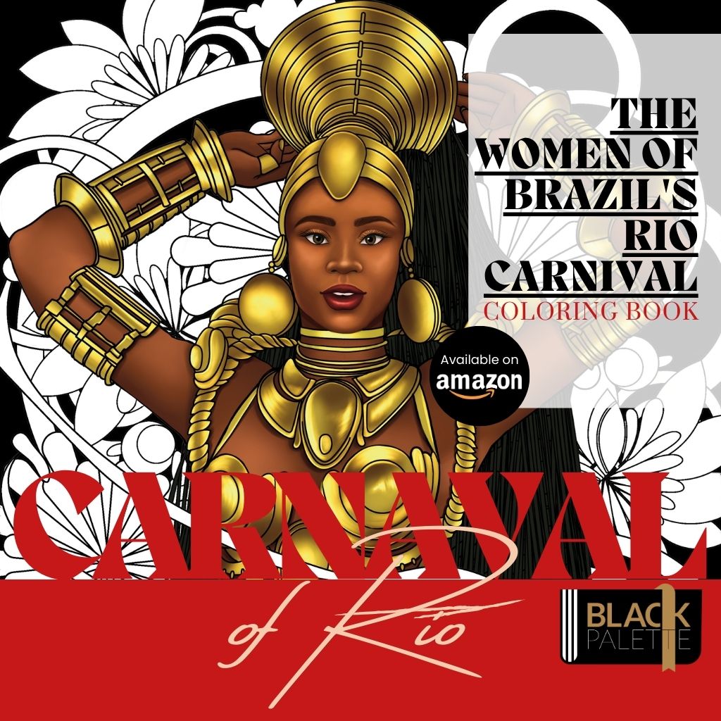 Cover of 'Women of Brazil's Rio Carnival Coloring Book' featuring a woman in festive carnival attire, available on Amazon.
